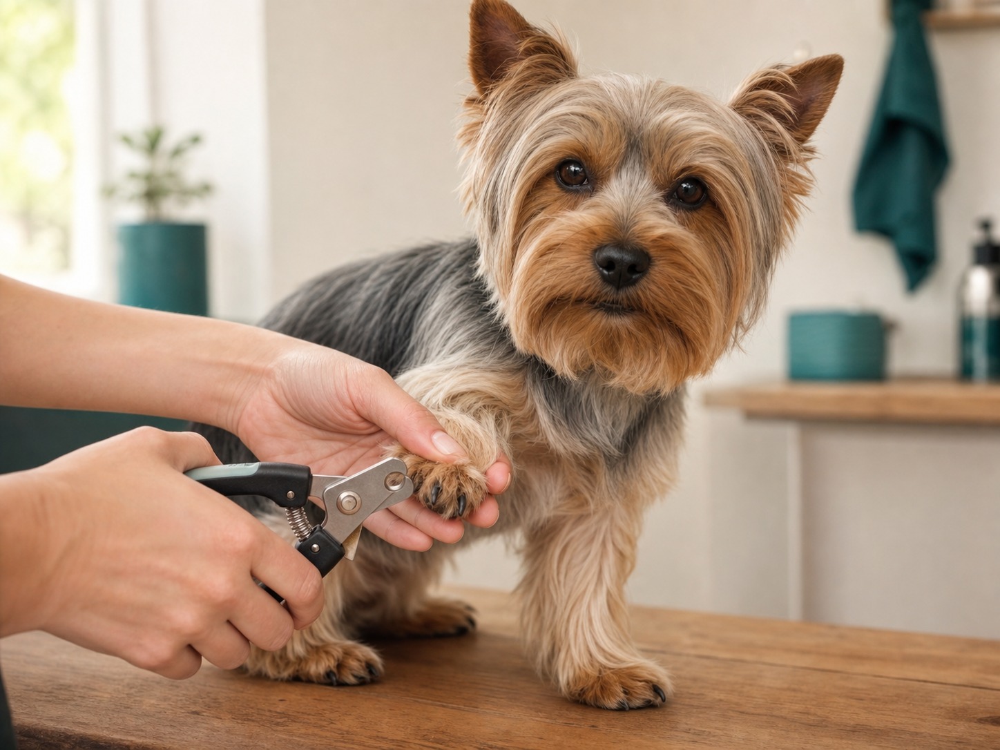 Yorkshire Terrier krijgt rustig de nagels geknipt