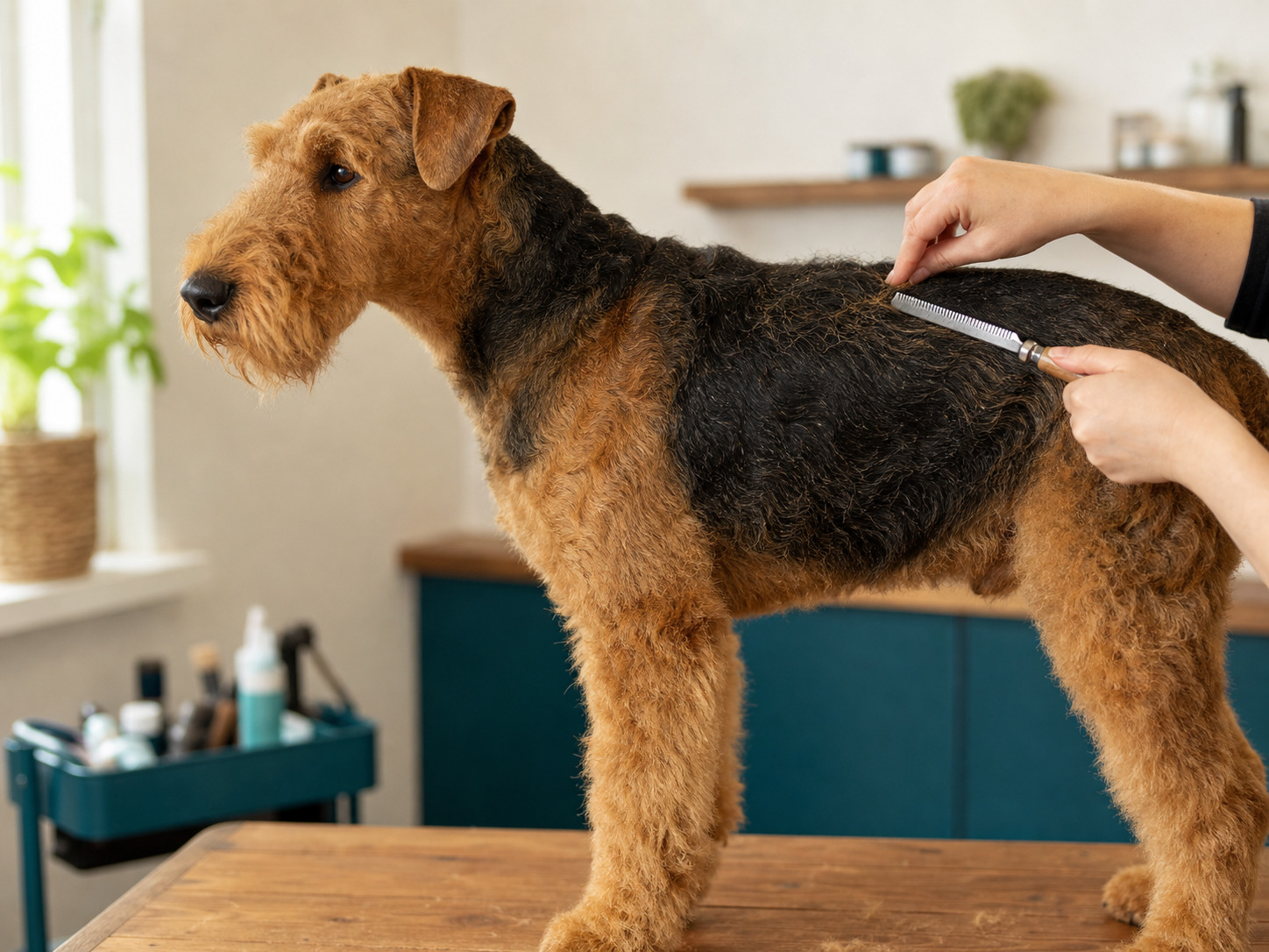 Airedale Terrier tijdens strippen met stripping-mes