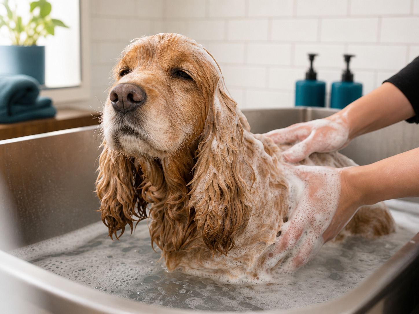 Cocker Spaniel wordt gewassen en gefohnd in de salon